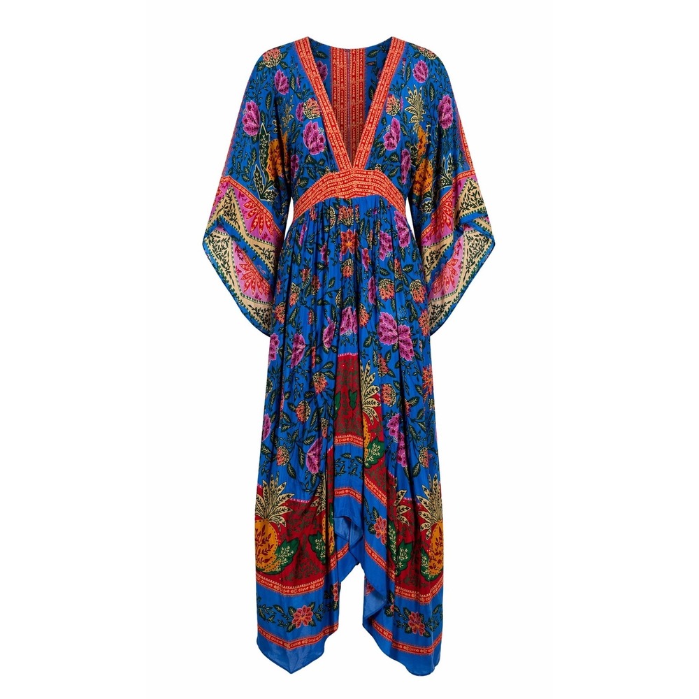 FARM Rio Blue Floral Maxi Dress with Pink and Orange Accents